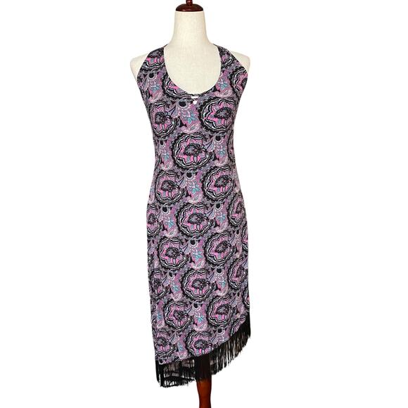 Vtg 00s Y2K Princess Bebe Halter Asymmetric Open Back Midi Dress L V Neck Fringe - Picture 1 of 13